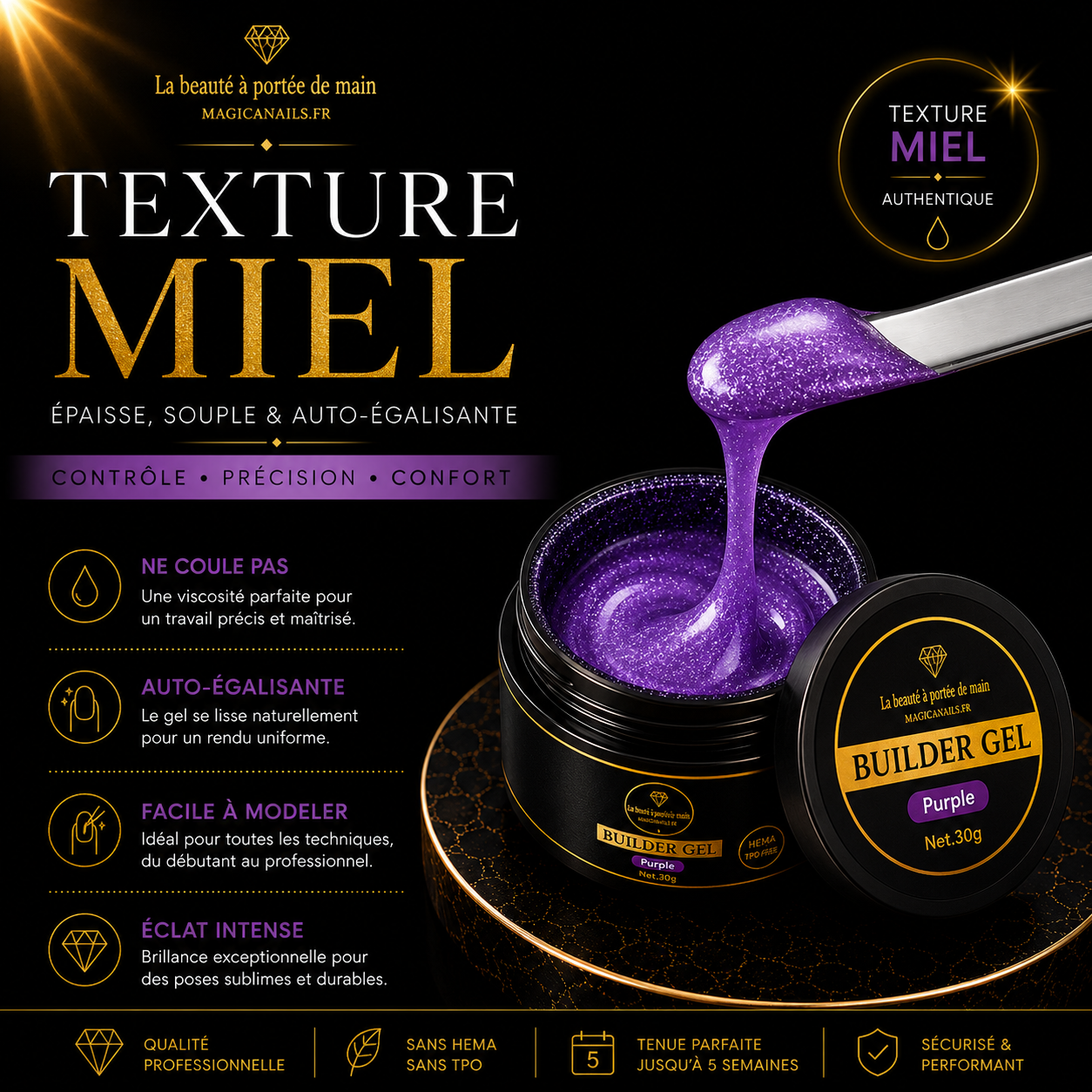 Gel Paillettes Texture Miel Auto-Égalisant – Sans HEMA & Sans TPO | Ultra Brillant UV/LED - 30g