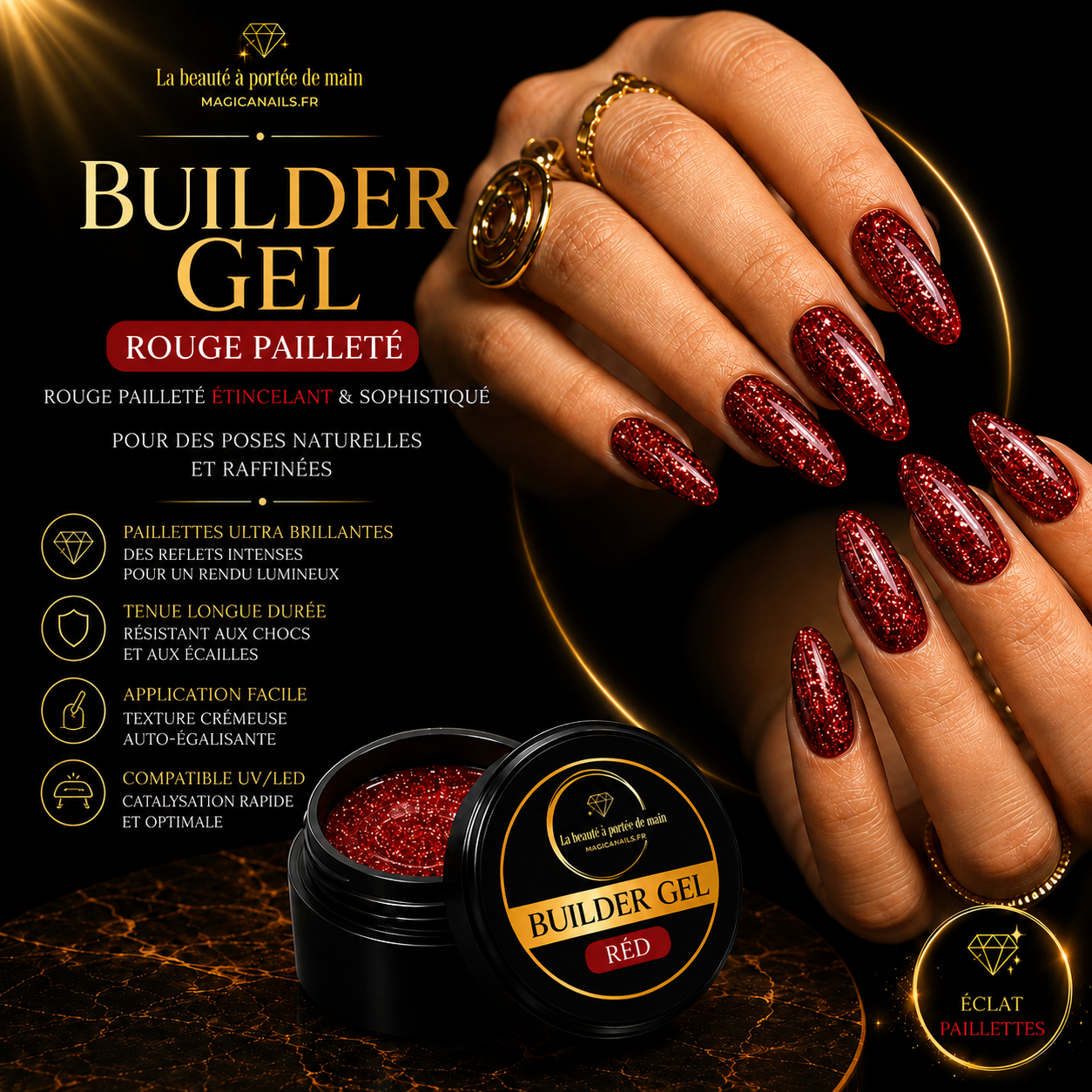 Gel Paillettes Texture Miel Auto-Égalisant – Sans HEMA & Sans TPO | Ultra Brillant UV/LED - 30g