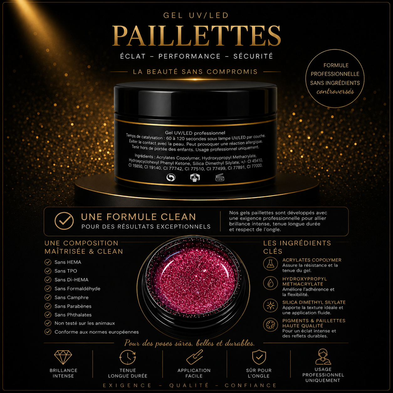 Gel Paillettes Texture Miel Auto-Égalisant – Sans HEMA & Sans TPO | Ultra Brillant UV/LED - 30g